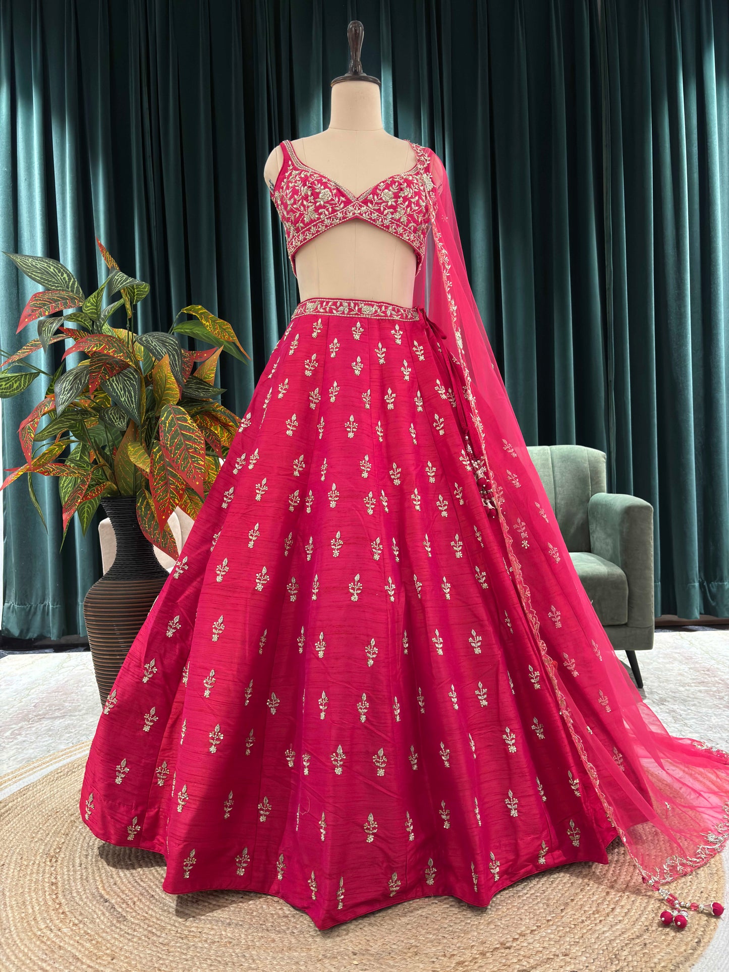 Radiant Rani-Pink Lehenga with Gold & White Floral Embroidery