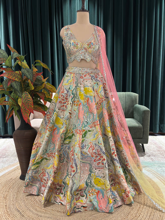 Multicolor Abstract Lehenga with Sweetheart Neckline Blouse