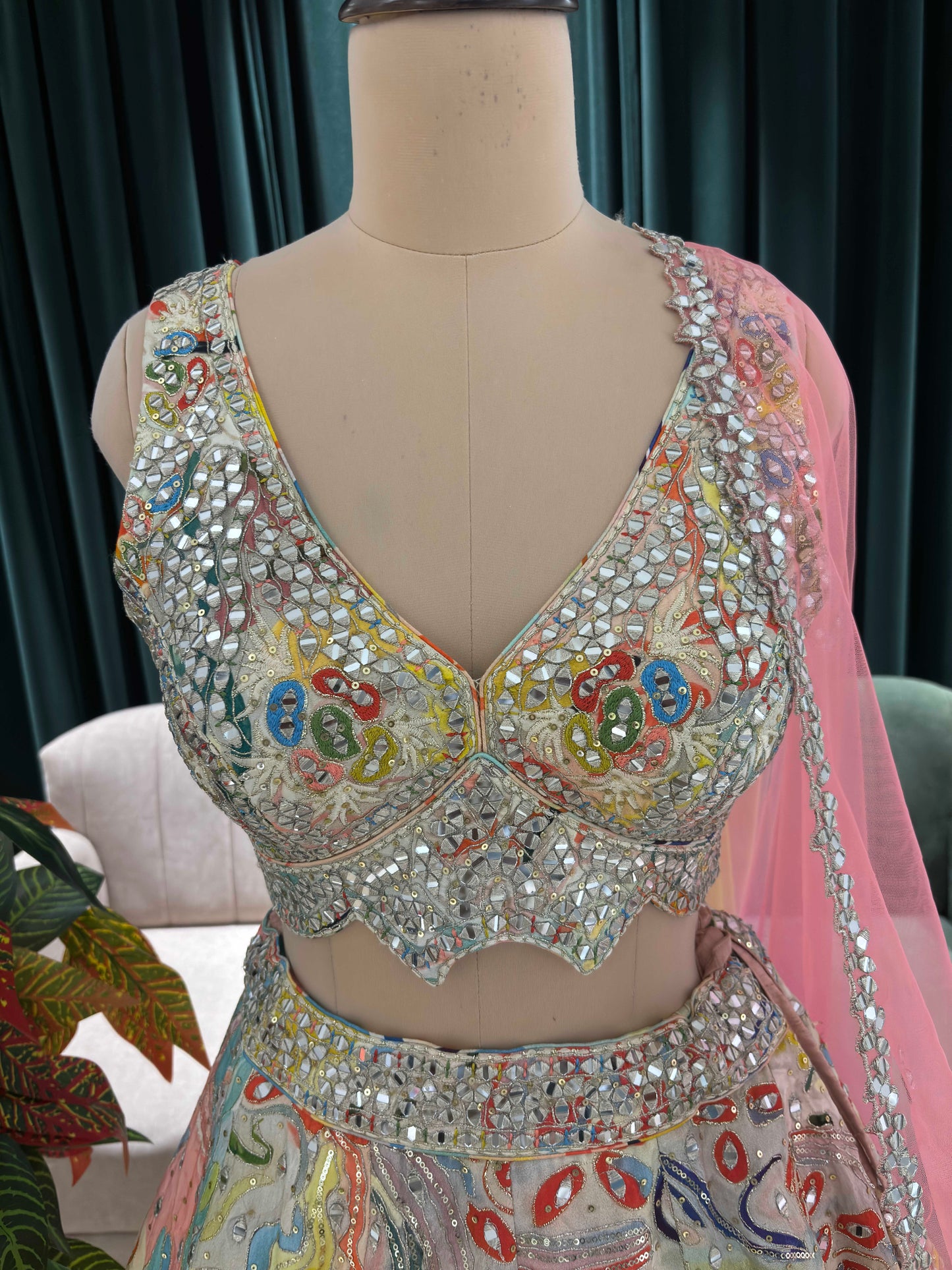 Multicolor Abstract Lehenga with Sweetheart Neckline Blouse