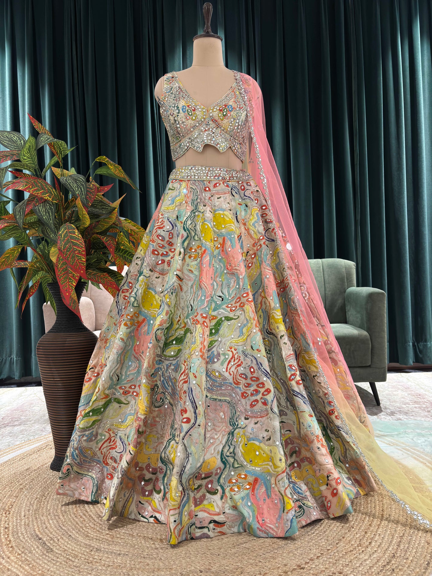 Multicolor Abstract Lehenga with Sweetheart Neckline Blouse