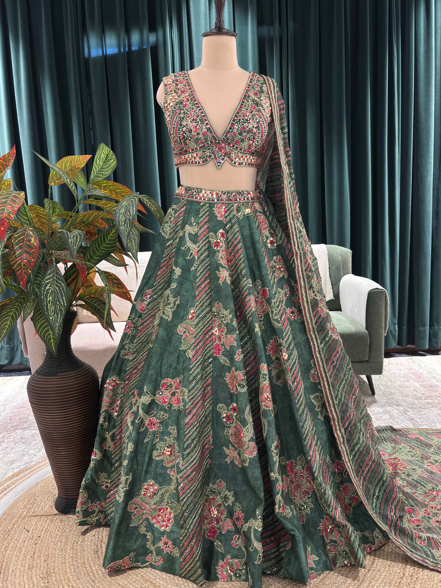 Emerald Embroidered Lehenga with Floral Resham & Zari Accents