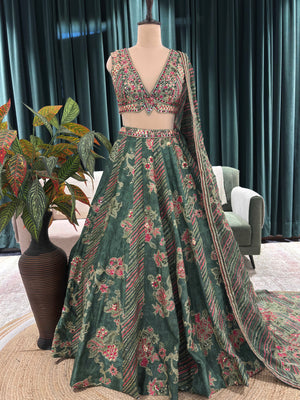 Emerald Embroidered Lehenga with Floral Resham & Zari Accents