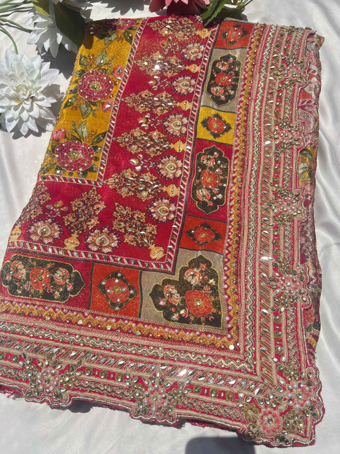 Luxury Multicolor Designer Saree with Heavy Hand Embroidery & Mirror Work