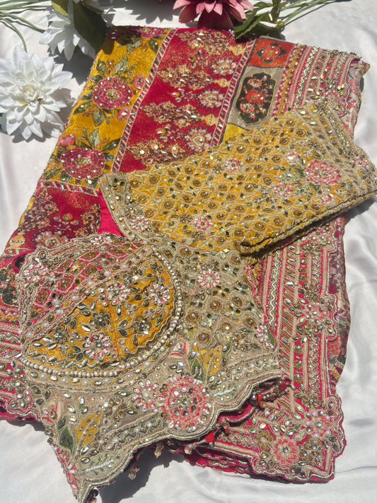 Luxury Multicolor Designer Saree with Heavy Hand Embroidery & Mirror Work