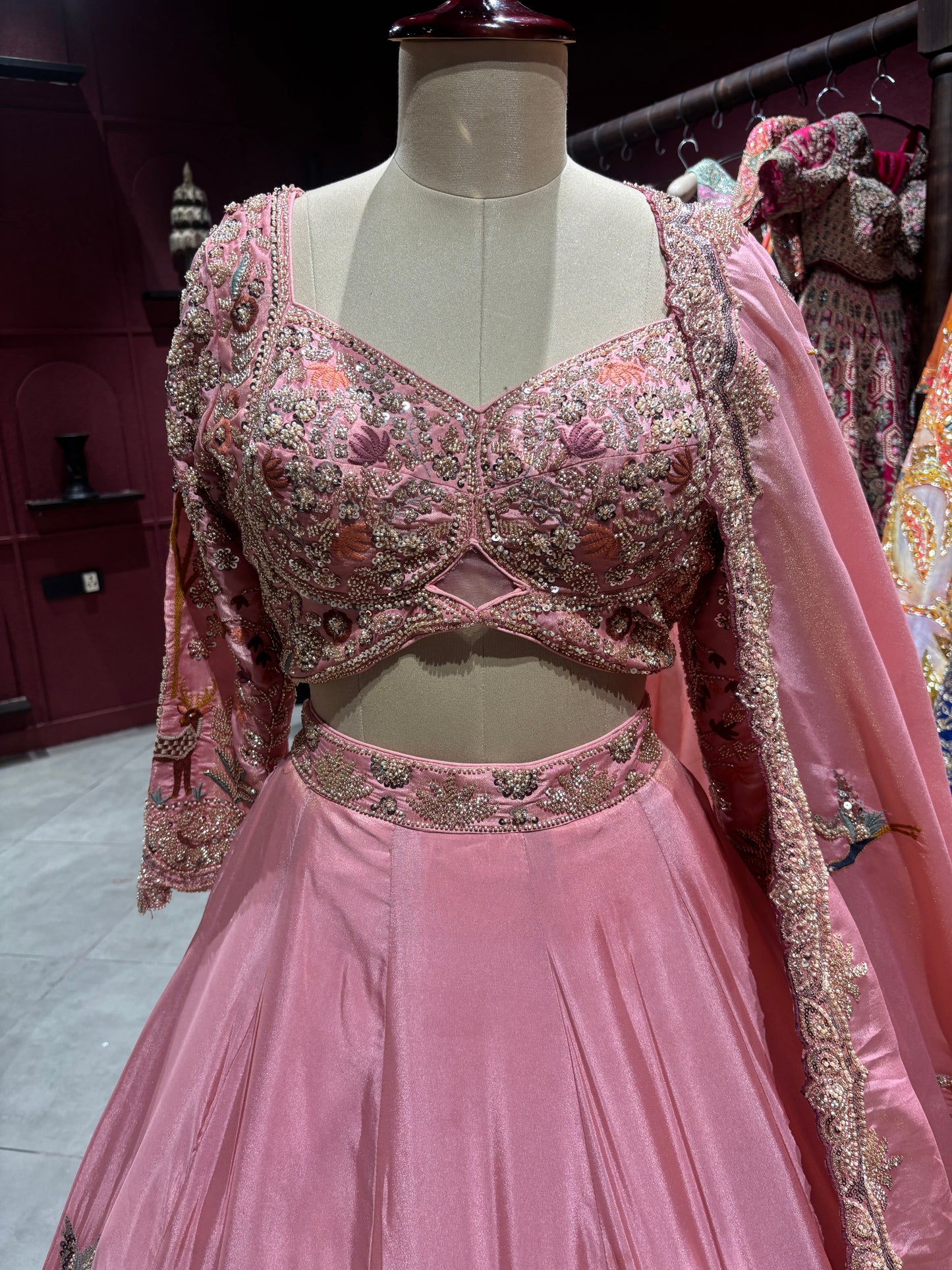 Dusty Rose Pink Embroidered Lehenga With Bird & Floral Motifs