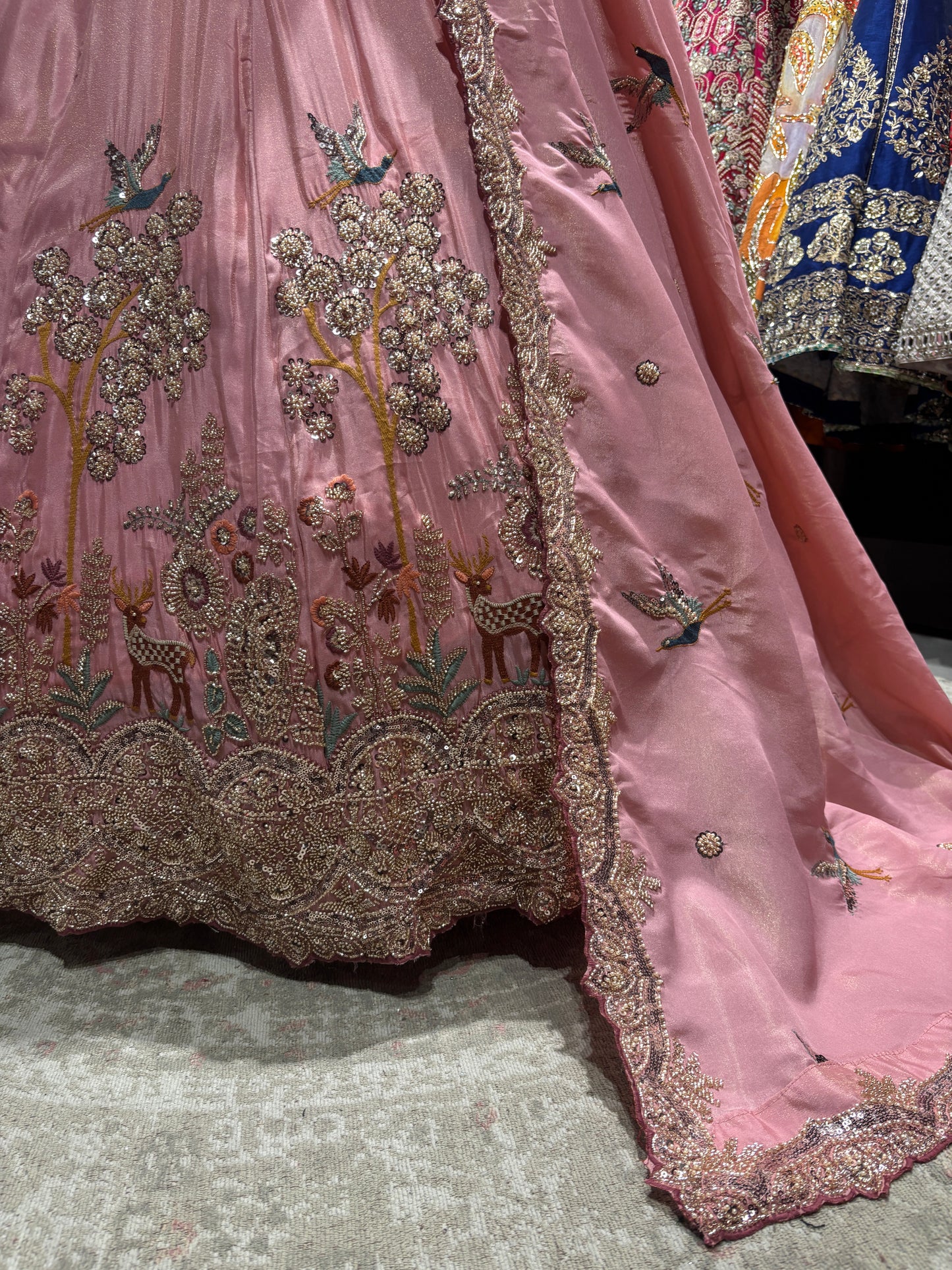 Dusty Rose Pink Embroidered Lehenga With Bird & Floral Motifs