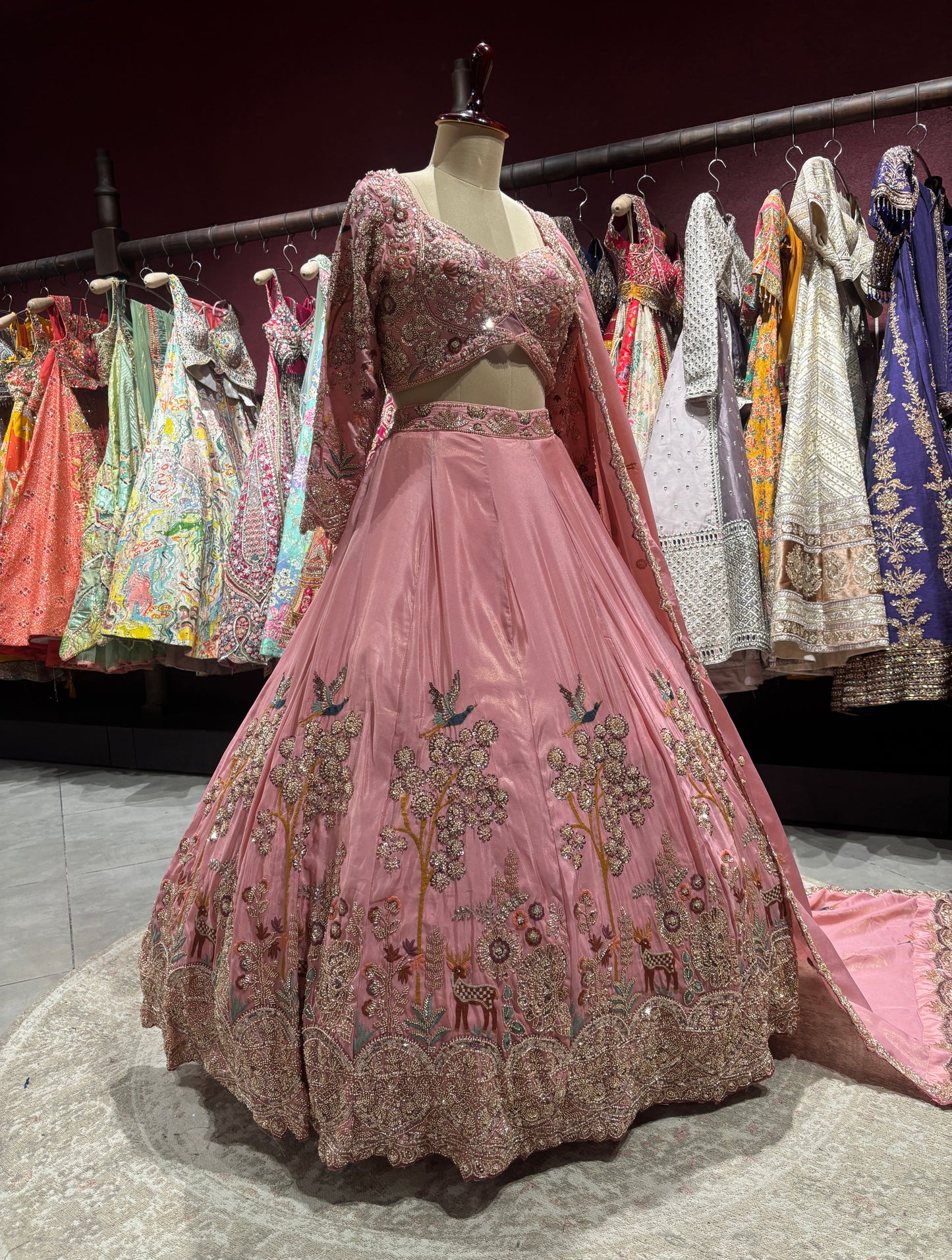 Dusty Rose Pink Embroidered Lehenga With Bird & Floral Motifs