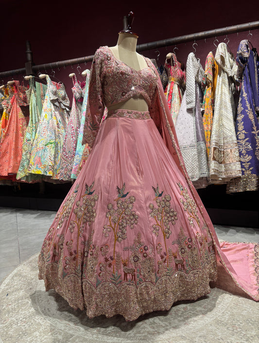Dusty Rose Pink Embroidered Lehenga With Bird & Floral Motifs