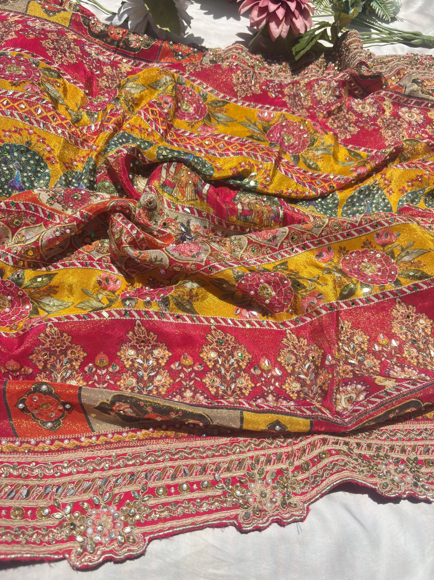 Luxury Multicolor Designer Saree with Heavy Hand Embroidery & Mirror Work