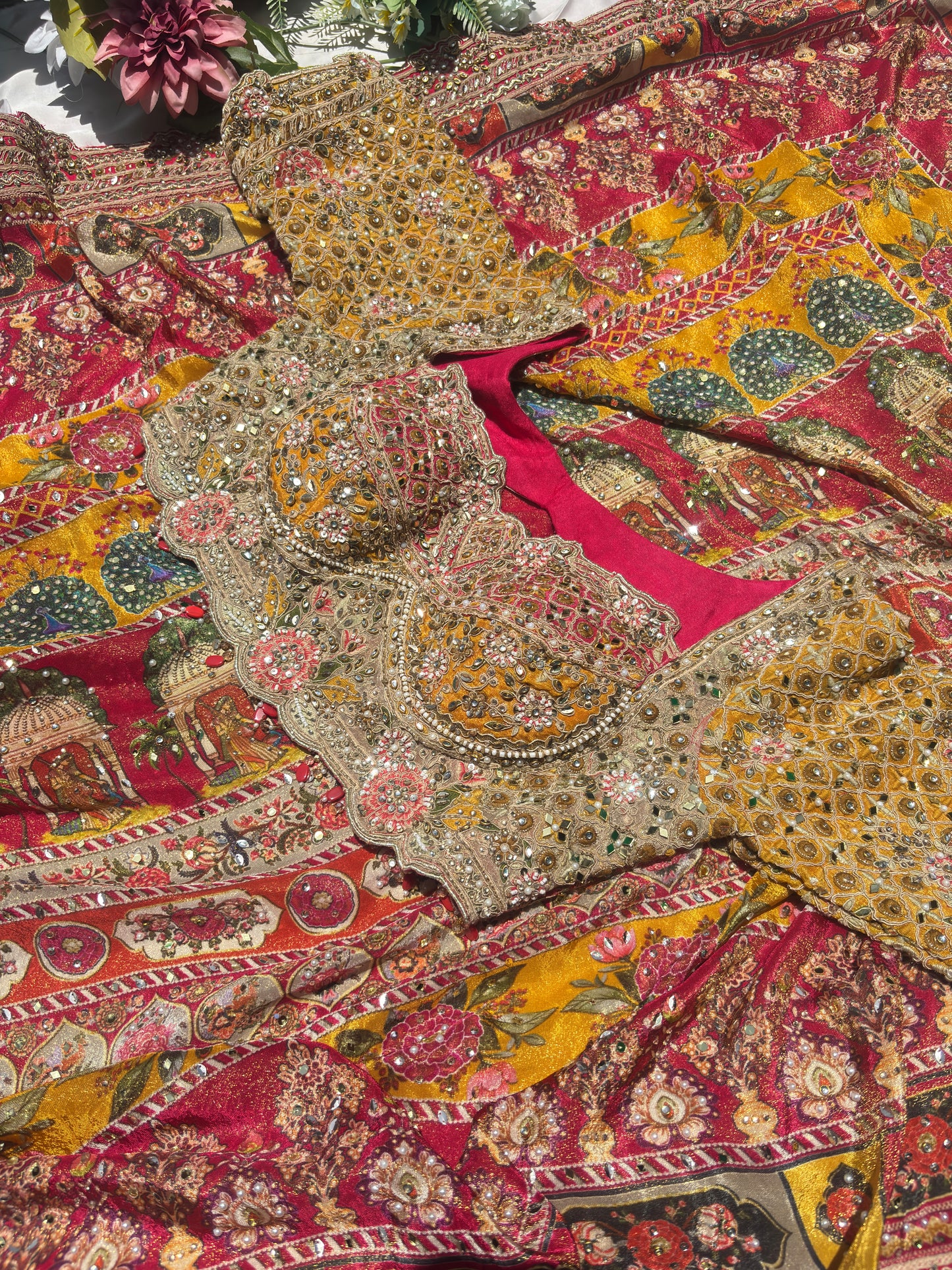Luxury Multicolor Designer Saree with Heavy Hand Embroidery & Mirror Work