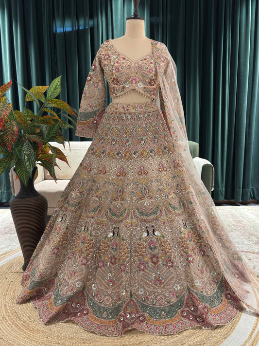 Zari & Sequin Lehenga with Floral-Geometric & Draped Dupatta