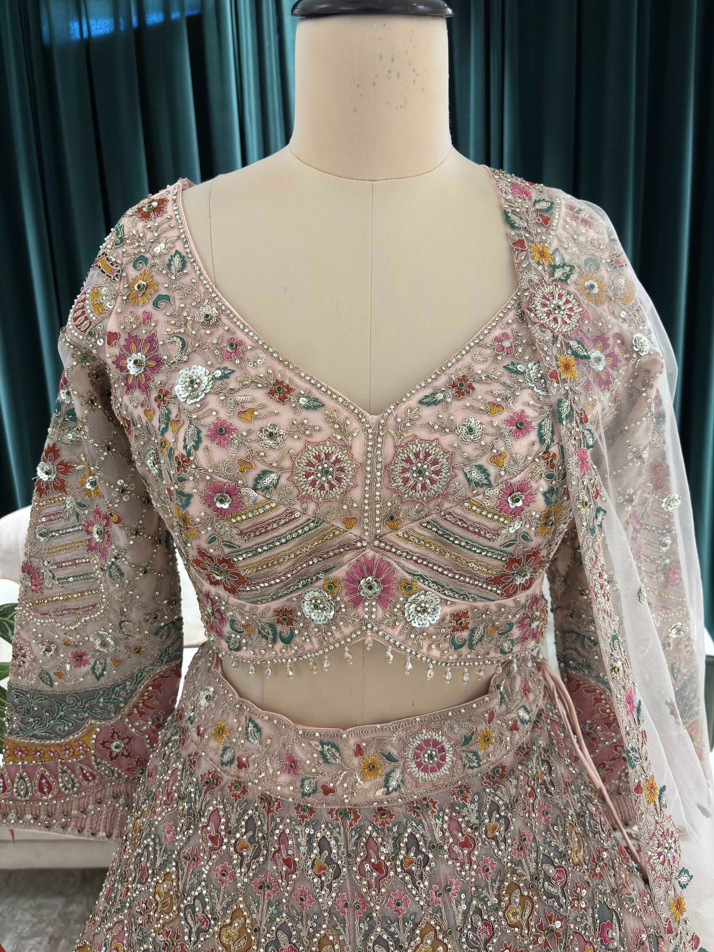 Zari & Sequin Lehenga with Floral-Geometric & Draped Dupatta