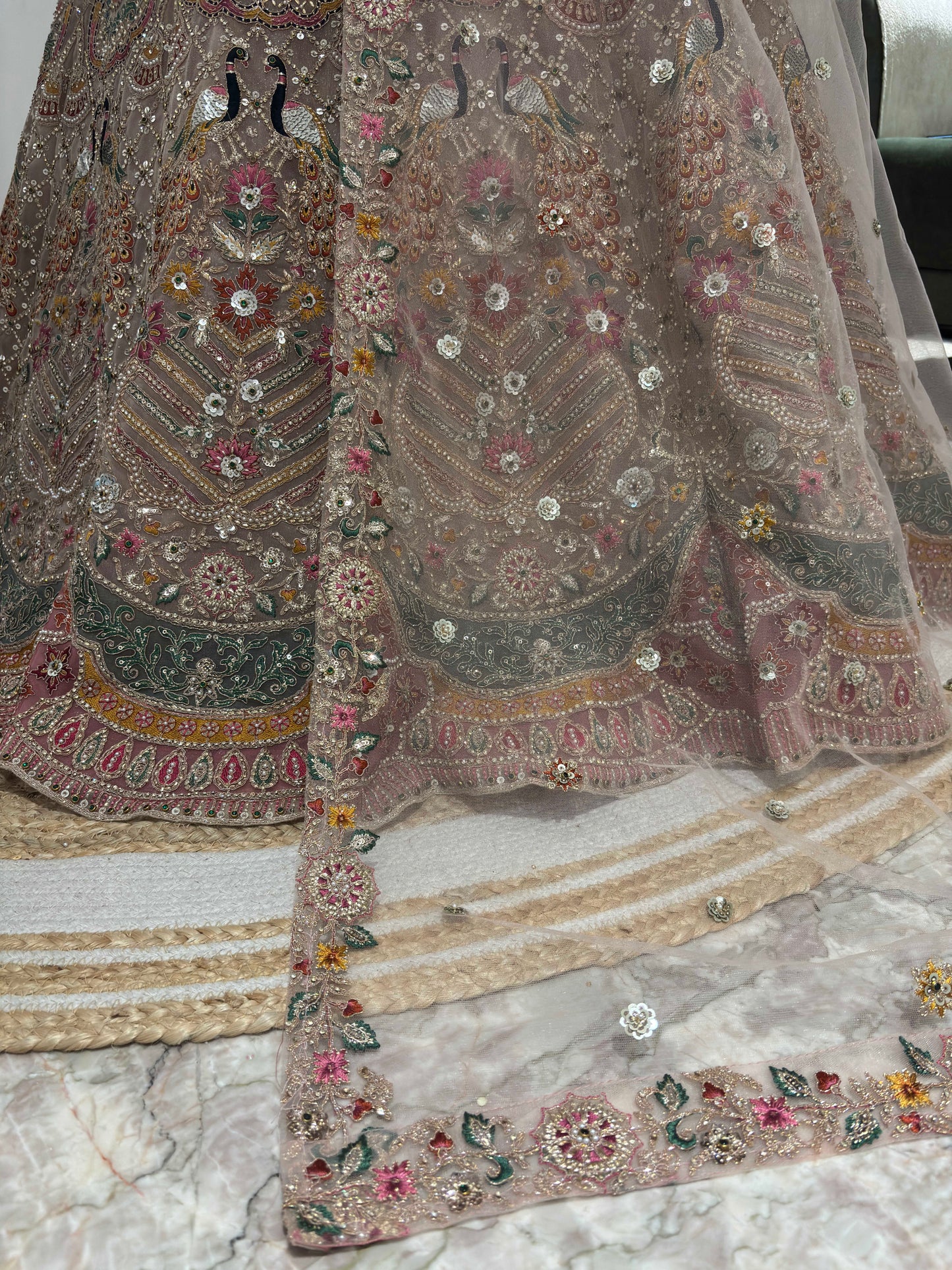 Zari & Sequin Lehenga with Floral-Geometric & Draped Dupatta