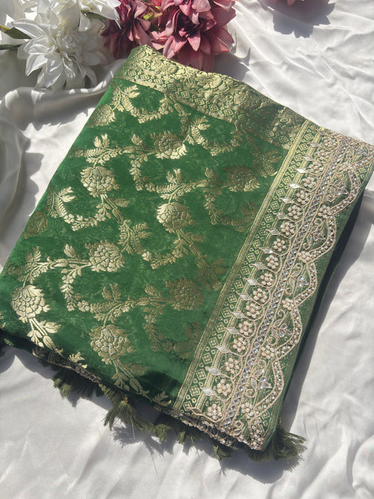 Green Banarasi Ho Silk Saree with Golden Floral Weaving