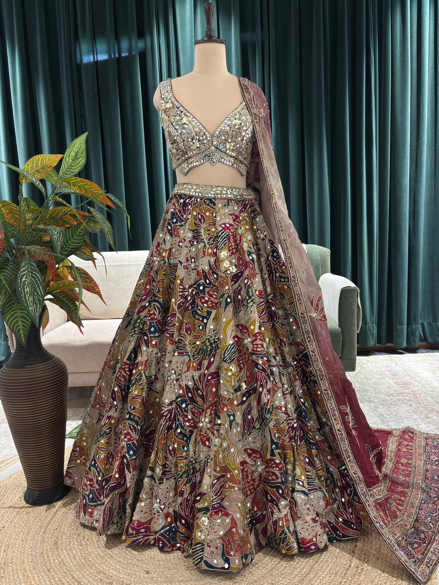 Multicolor Mirror & Bead Embellished Lehenga with Heavy Dupatta