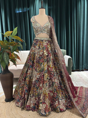 Multicolor Mirror & Bead Embellished Lehenga with Heavy Dupatta