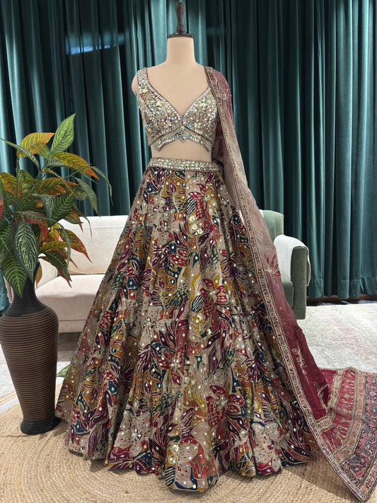 Multicolor Mirror & Bead Embellished Lehenga with Heavy Dupatta