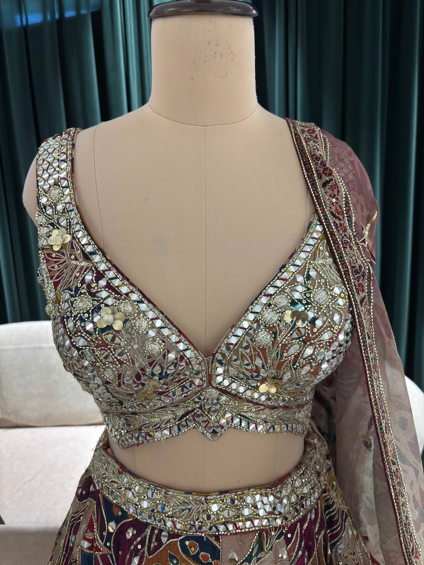 Multicolor Mirror & Bead Embellished Lehenga with Heavy Dupatta