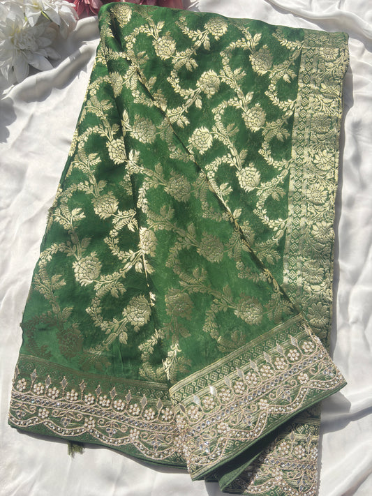 Green Banarasi Ho Silk Saree with Golden Floral Weaving