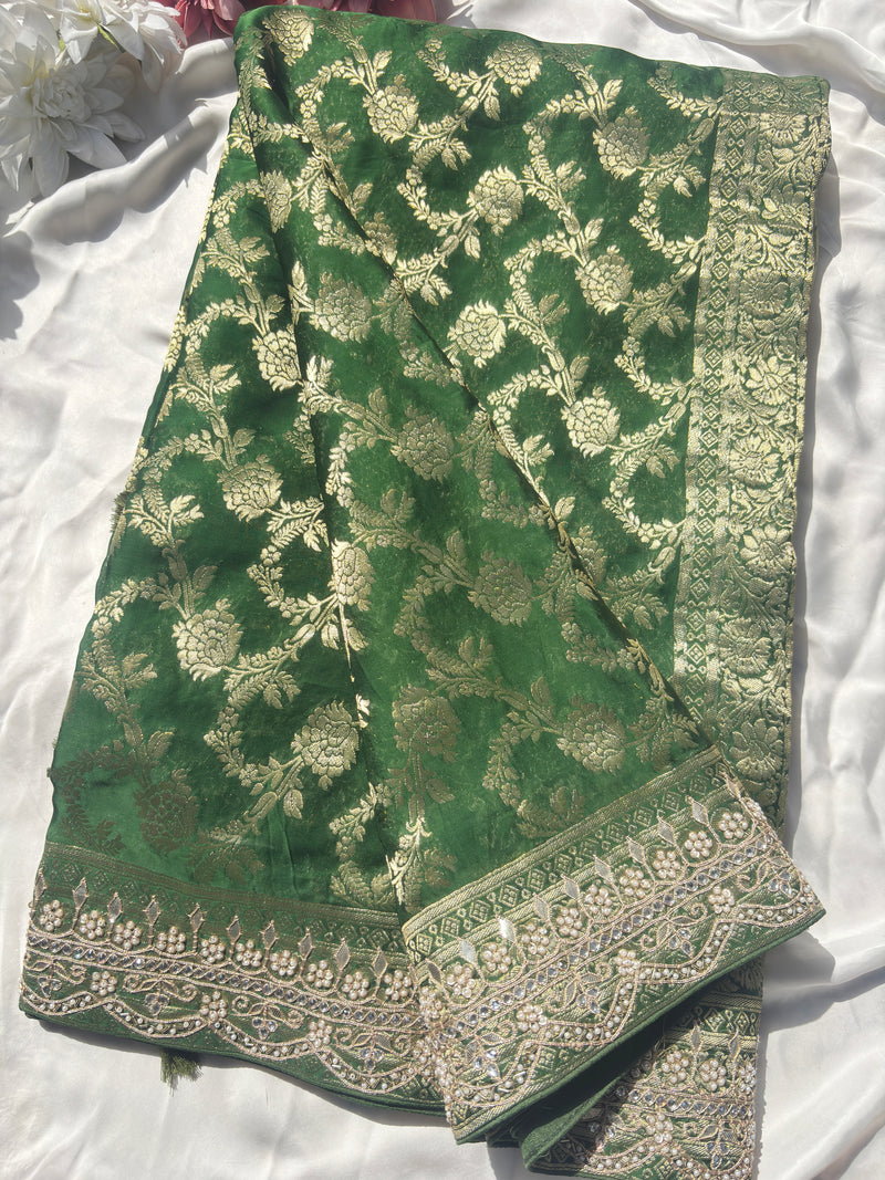 Green Banarasi Ho Silk Saree with Golden Floral Weaving