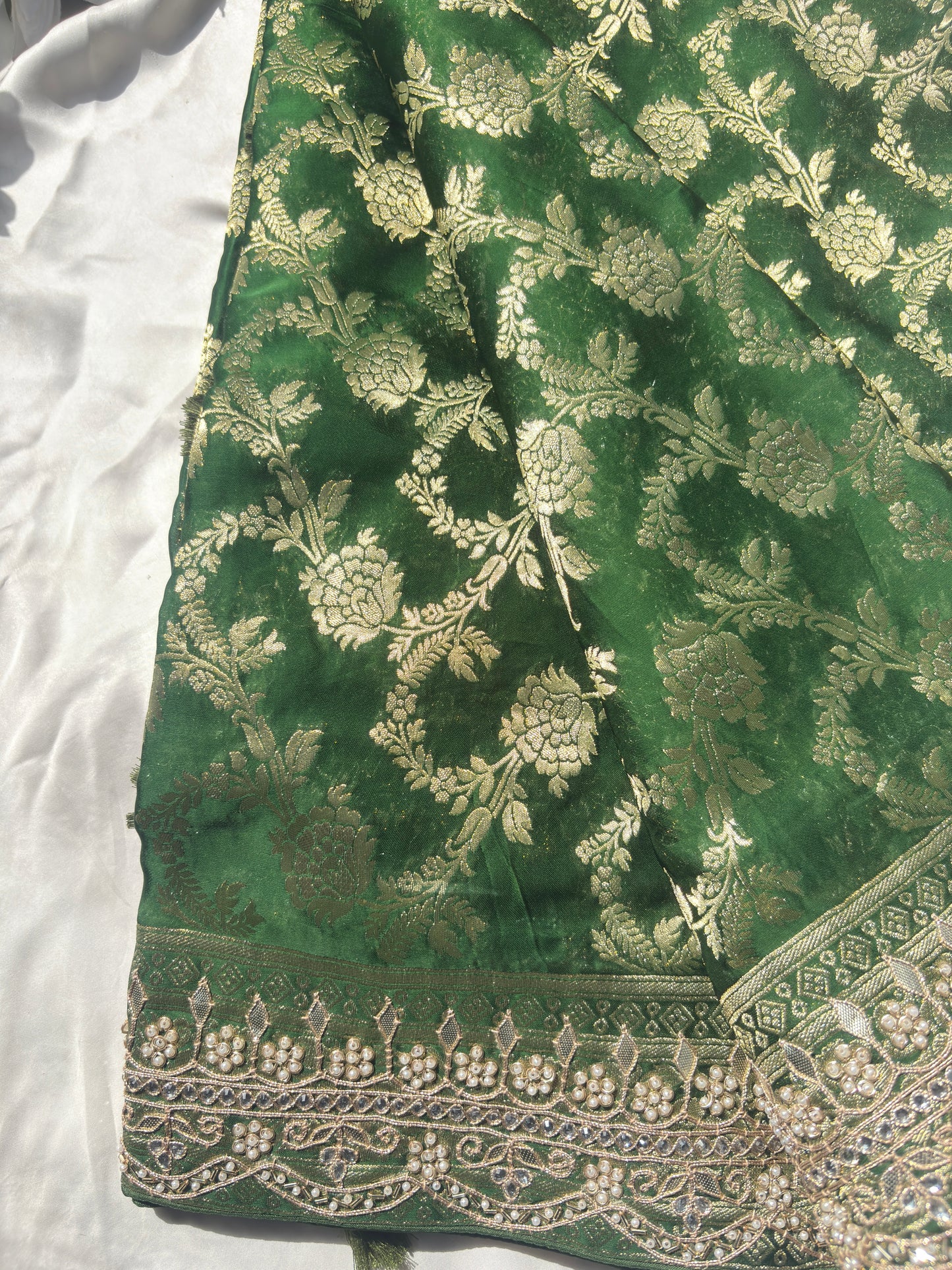 Green Banarasi Ho Silk Saree with Golden Floral Weaving