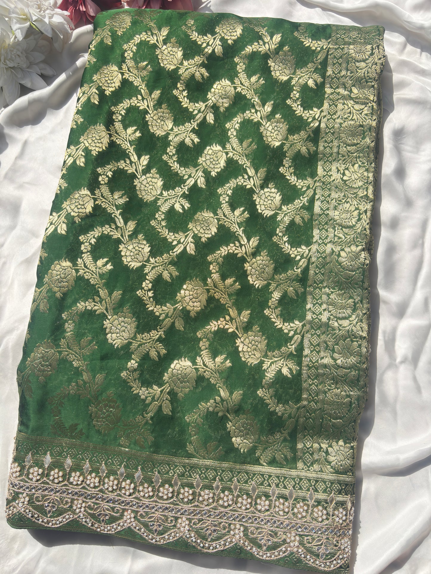Green Banarasi Ho Silk Saree with Golden Floral Weaving