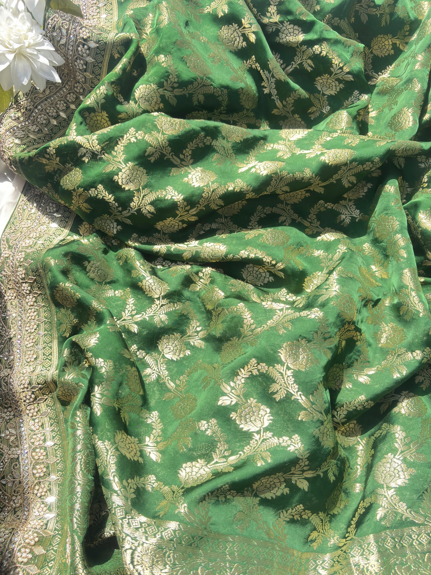 Green Banarasi Ho Silk Saree with Golden Floral Weaving