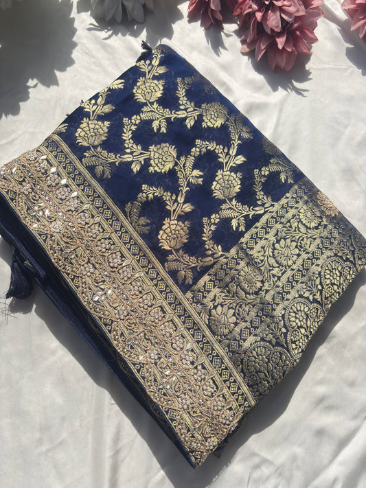 Royal Blue Banarasi Ho Silk Saree with Golden Floral Weaving