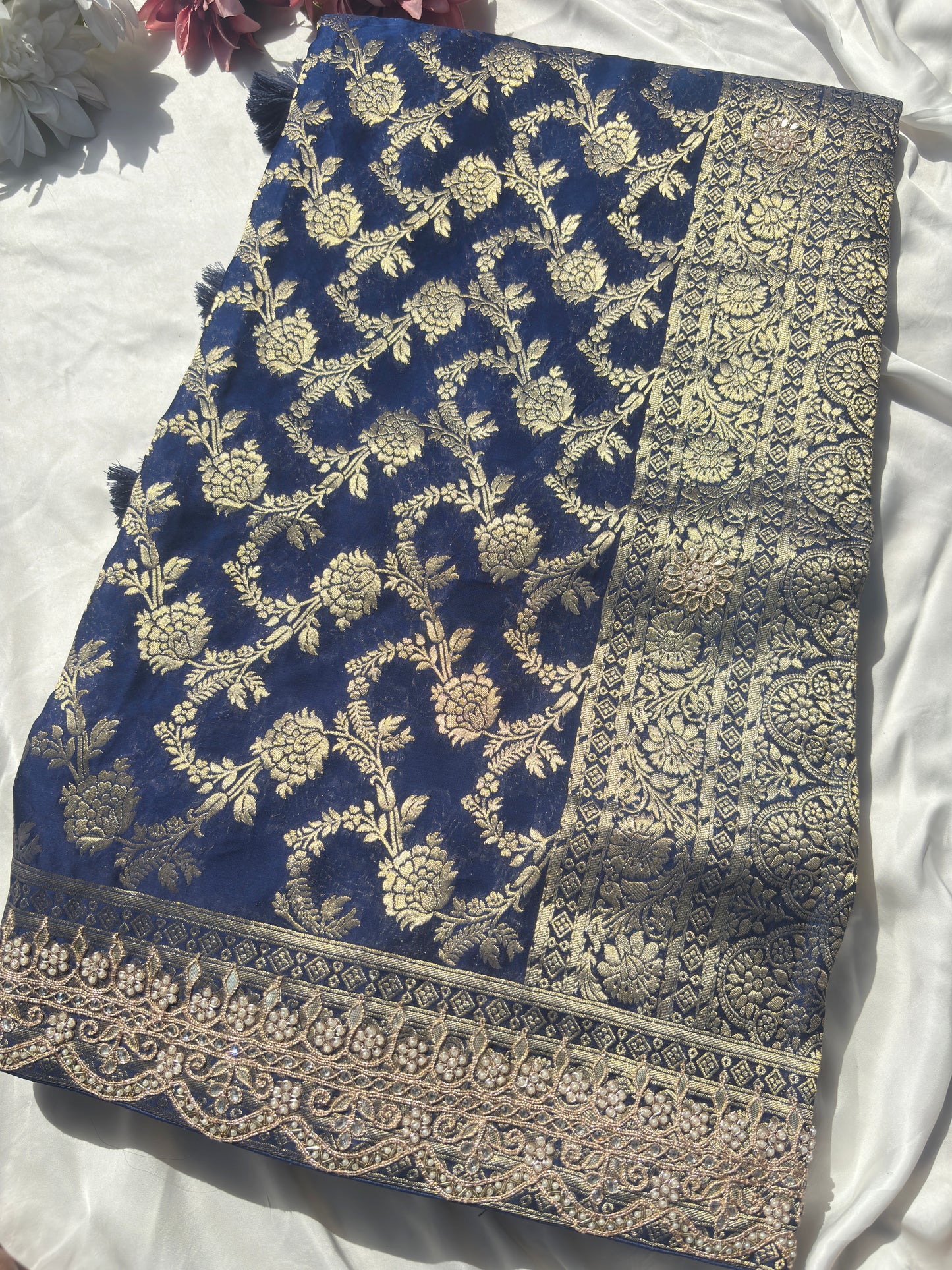 Royal Blue Banarasi Ho Silk Saree with Golden Floral Weaving