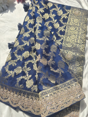 Royal Blue Banarasi Ho Silk Saree with Golden Floral Weaving