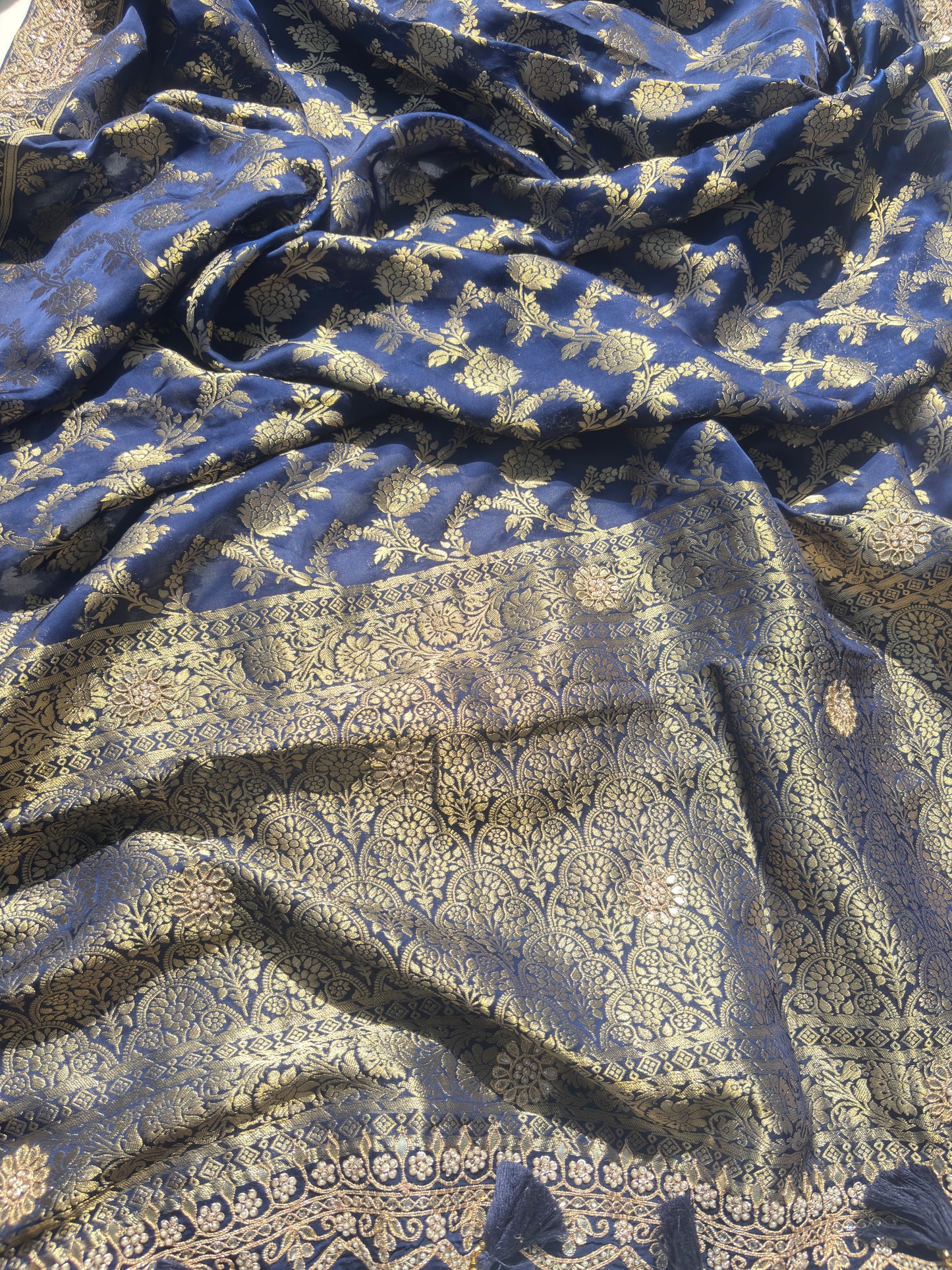 Royal Blue Banarasi Ho Silk Saree with Golden Floral Weaving
