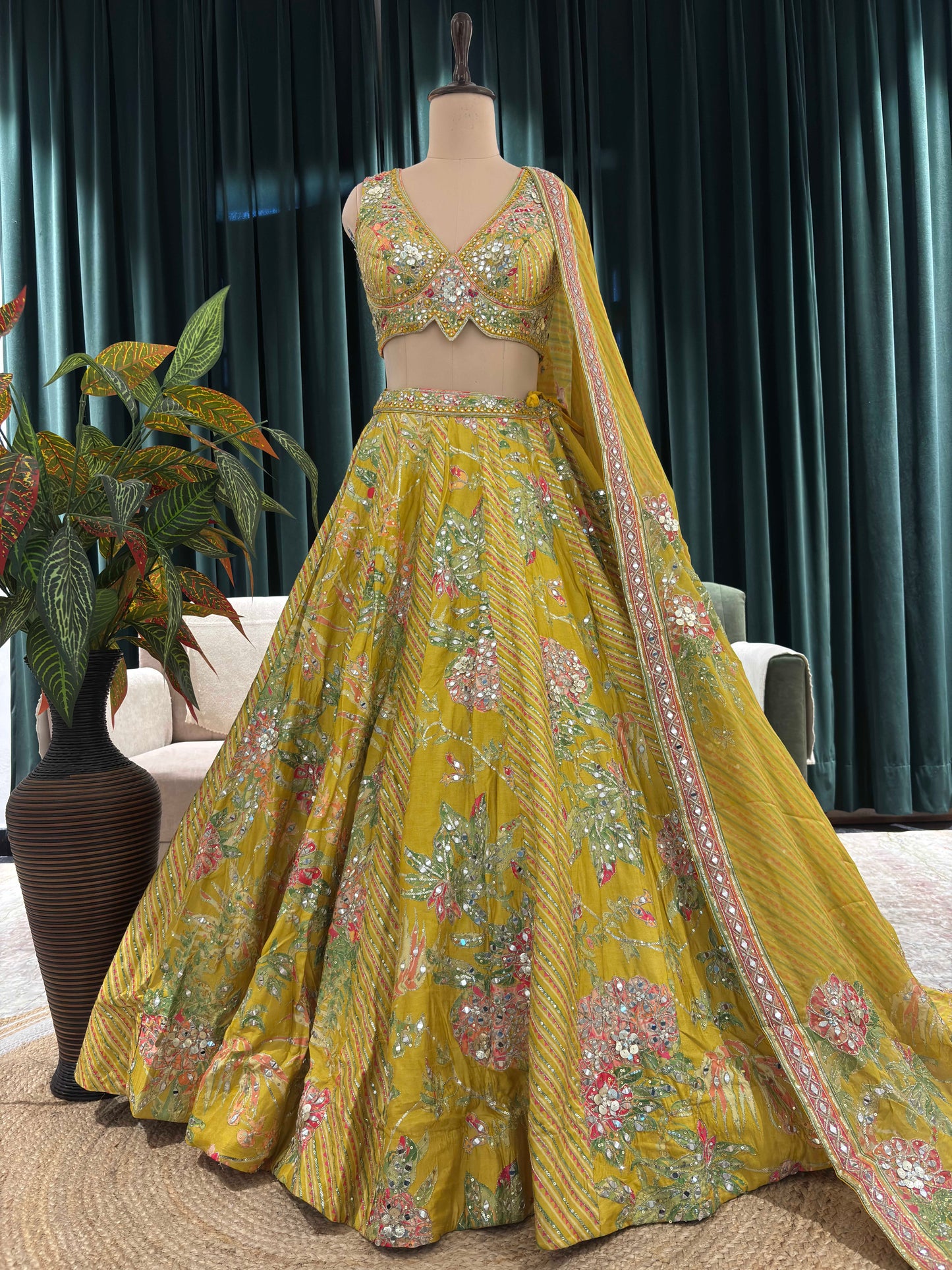 Embroidered Non Bridal Lehenga with Floral & Mirror Work Accents