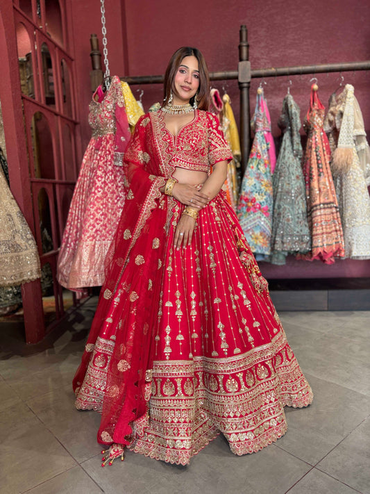 Red Bridal Lehenga with Heavy Gold Embroidery & Dupatta