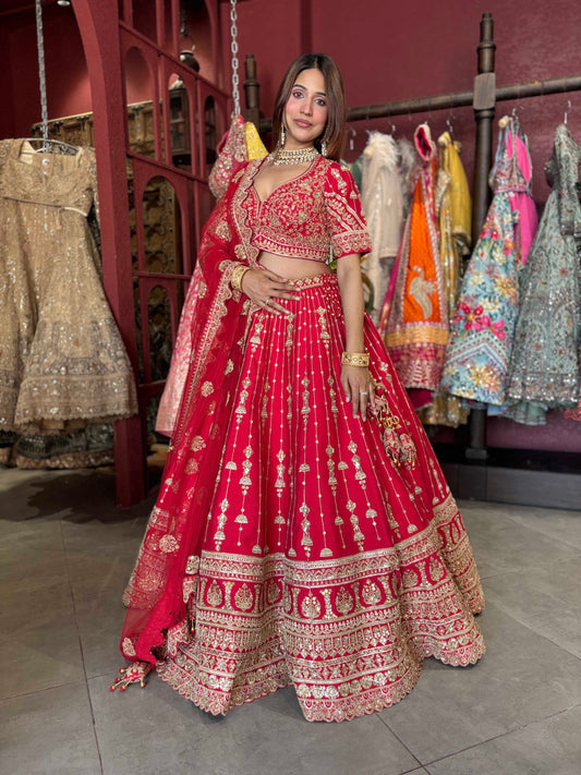 Red Bridal Lehenga with Heavy Gold Embroidery & Dupatta