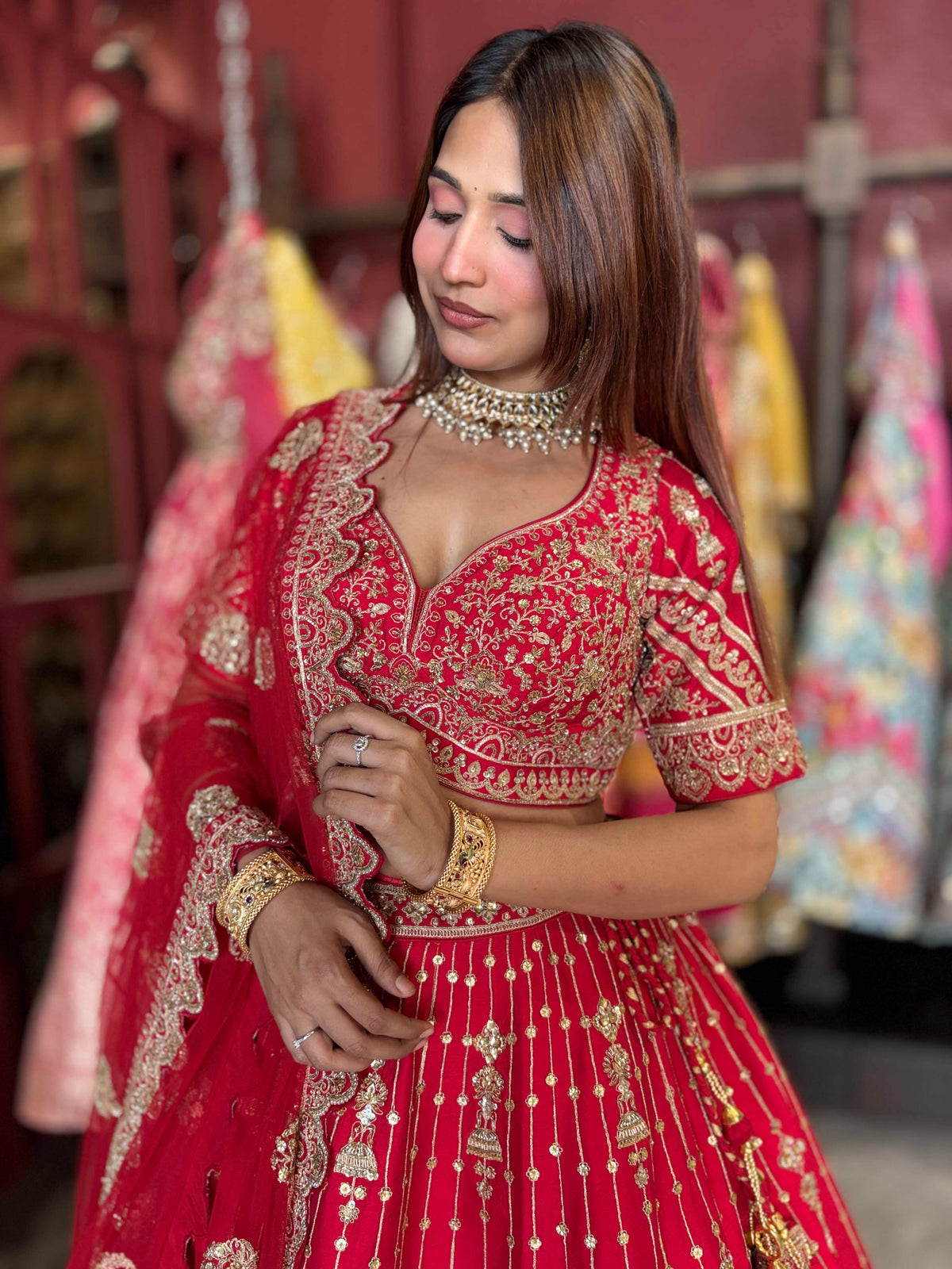 Red Bridal Lehenga with Heavy Gold Embroidery & Dupatta