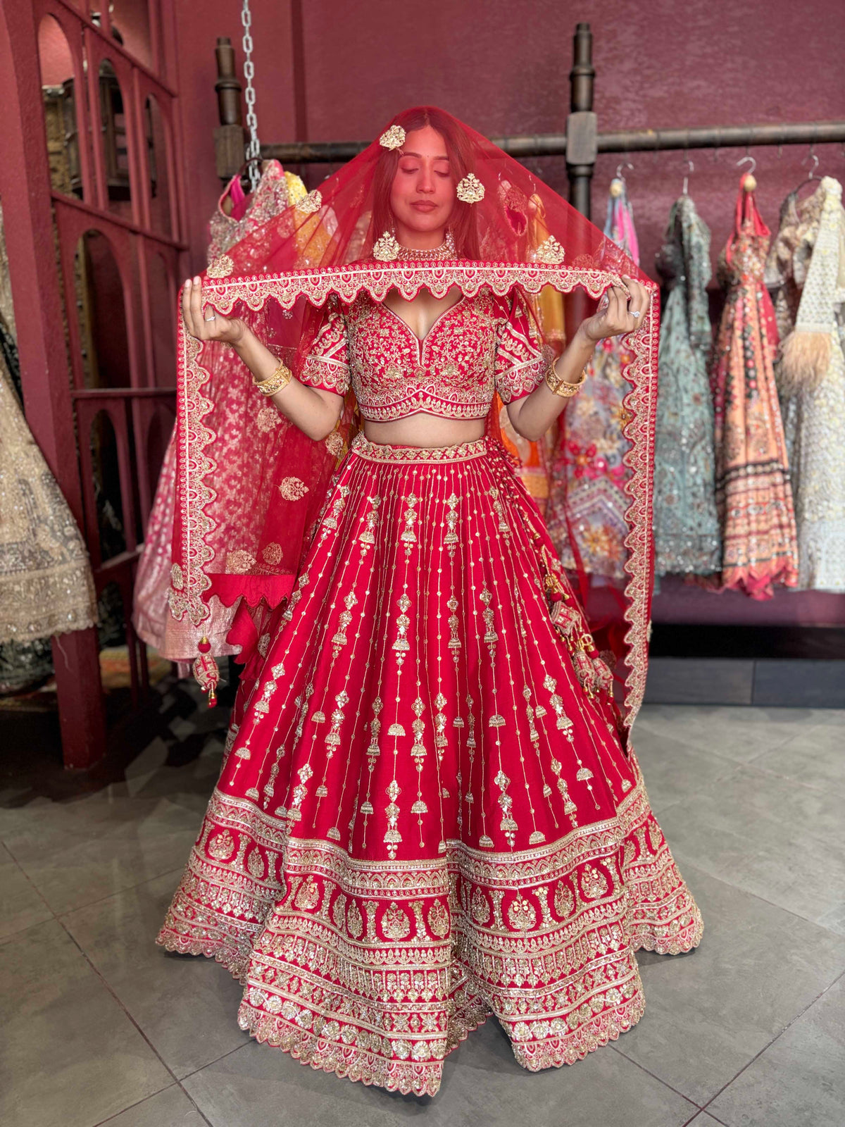 Red Bridal Lehenga with Heavy Gold Embroidery & Dupatta