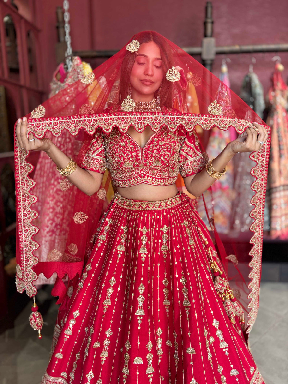 Red Bridal Lehenga with Heavy Gold Embroidery & Dupatta