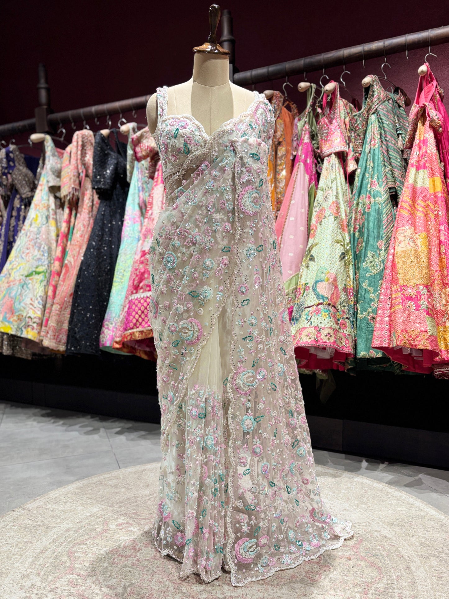 Pastel Multicolor Floral Embroidered Net Saree with Designer Blouse