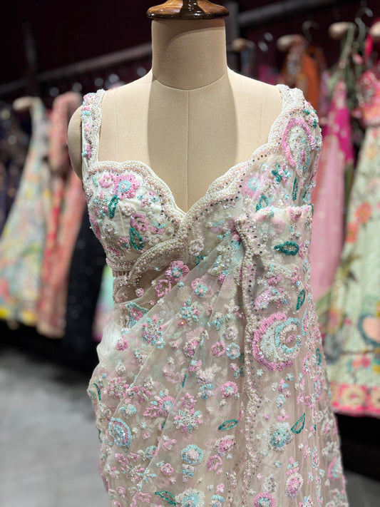 Pastel Multicolor Floral Embroidered Net Saree with Designer Blouse