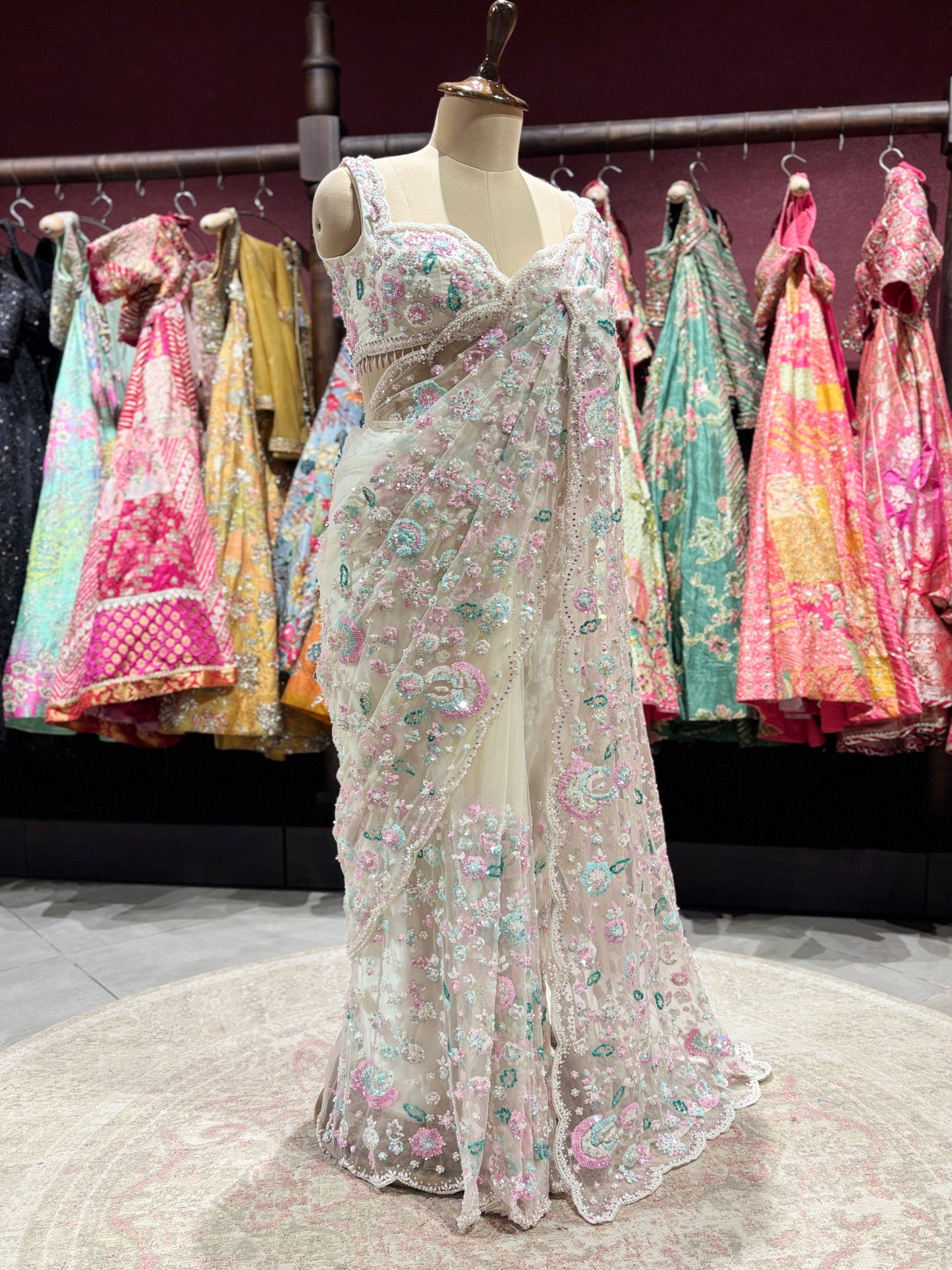 Pastel Multicolor Floral Embroidered Net Saree with Designer Blouse