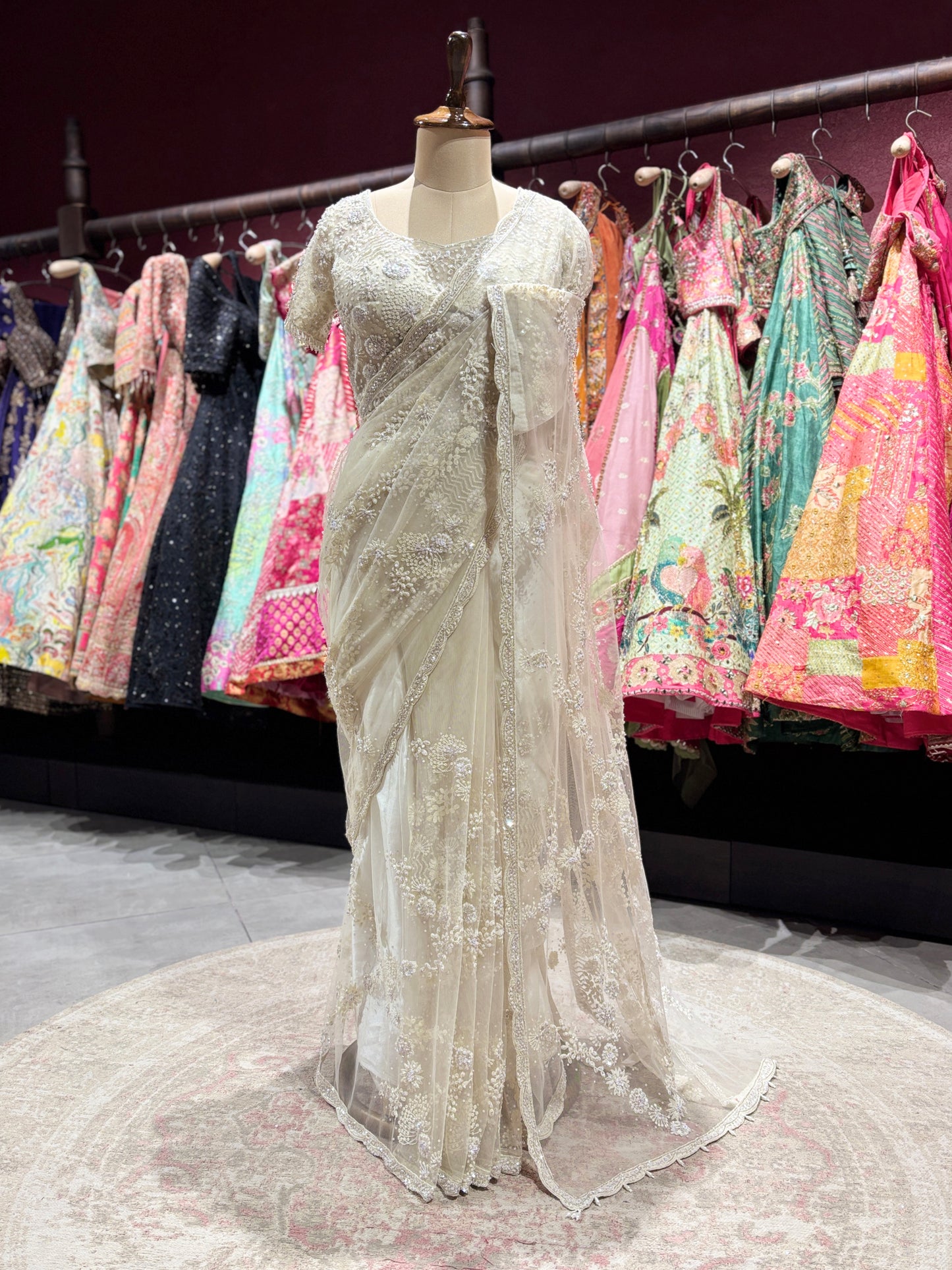 Sequins & Thread Work Embroidered Net Saree with Designer Blouse