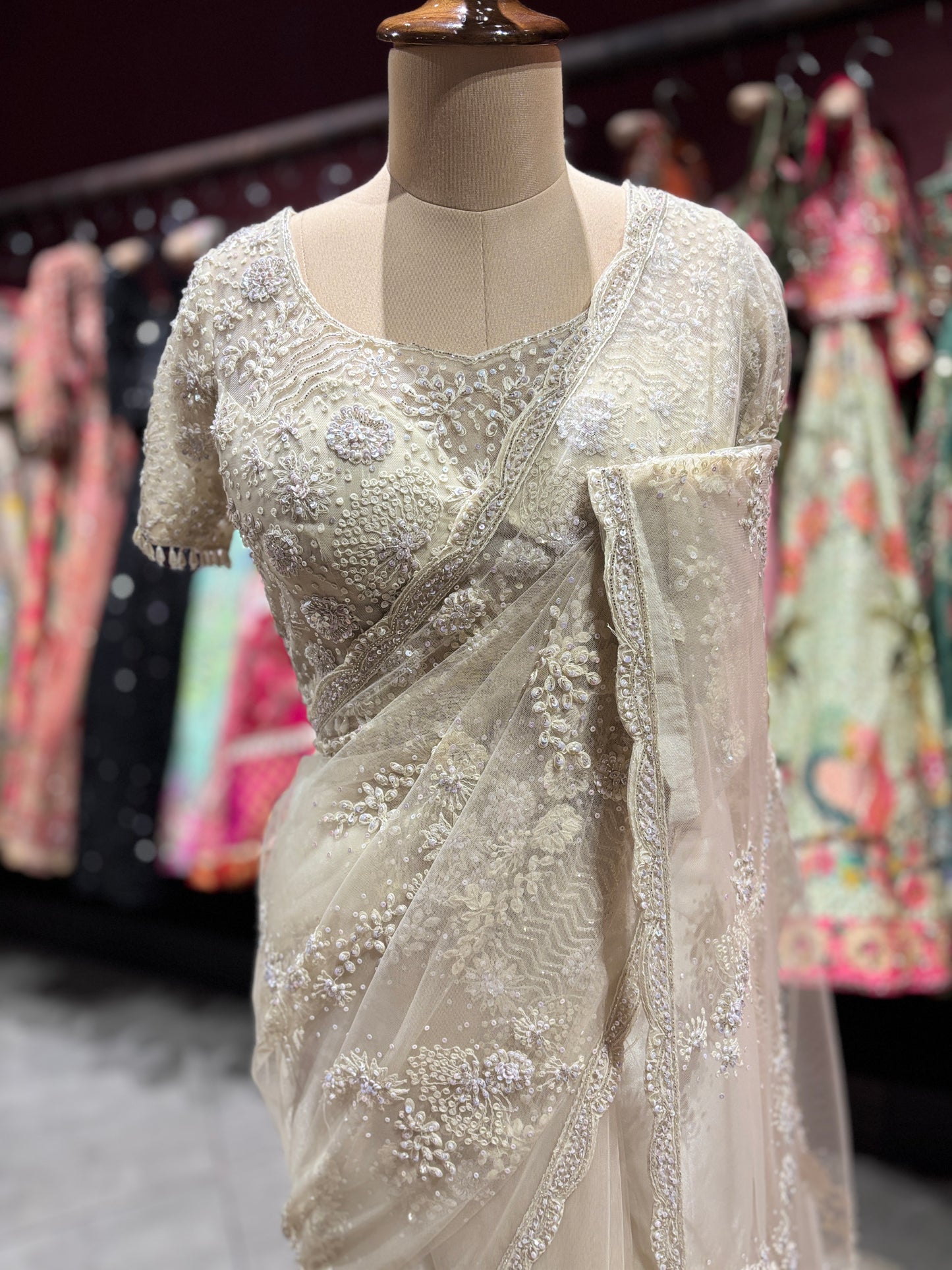 Sequins & Thread Work Embroidered Net Saree with Designer Blouse