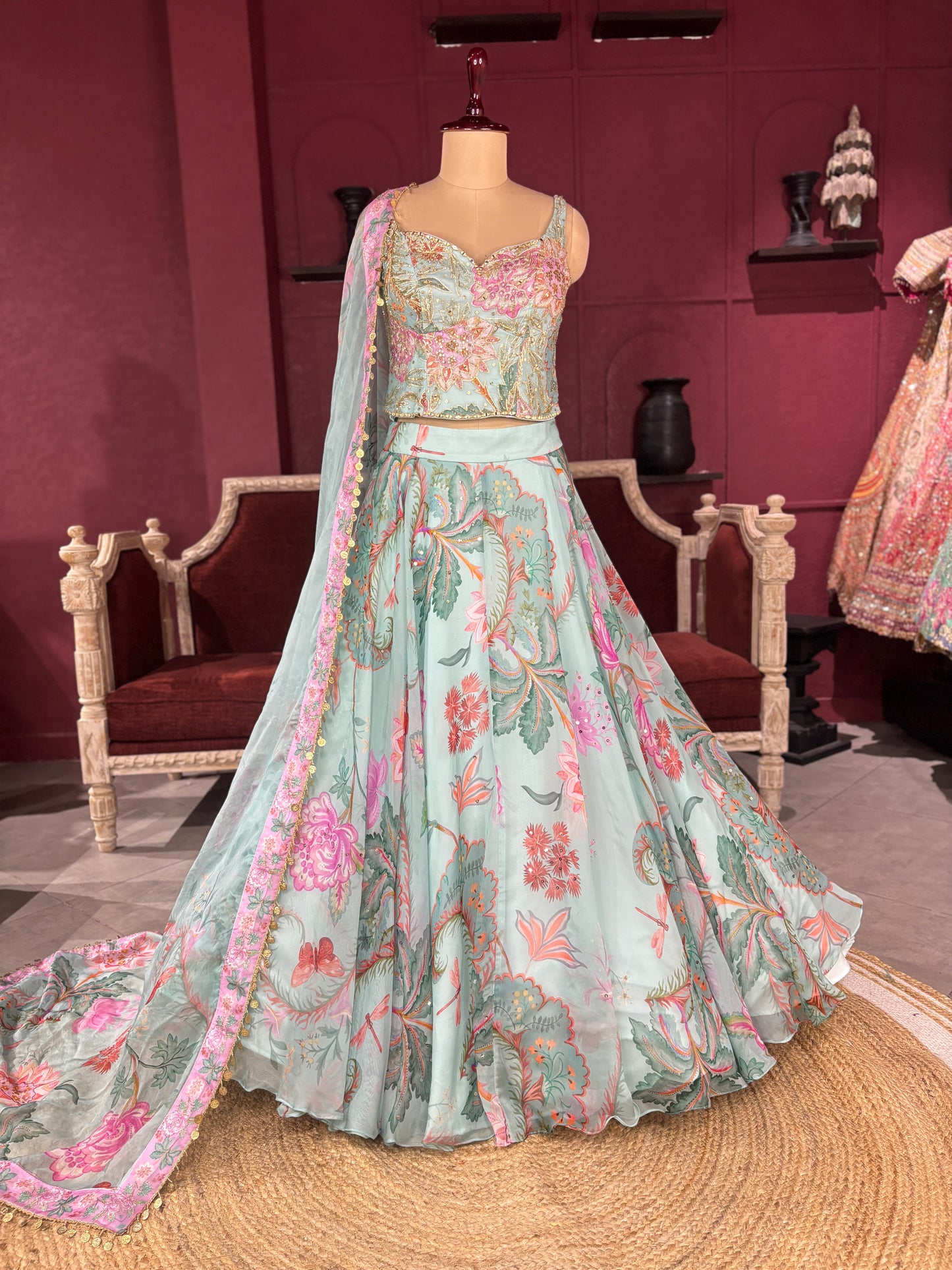 Pastel Aqua Lehenga with Floral Embroidered Blouse