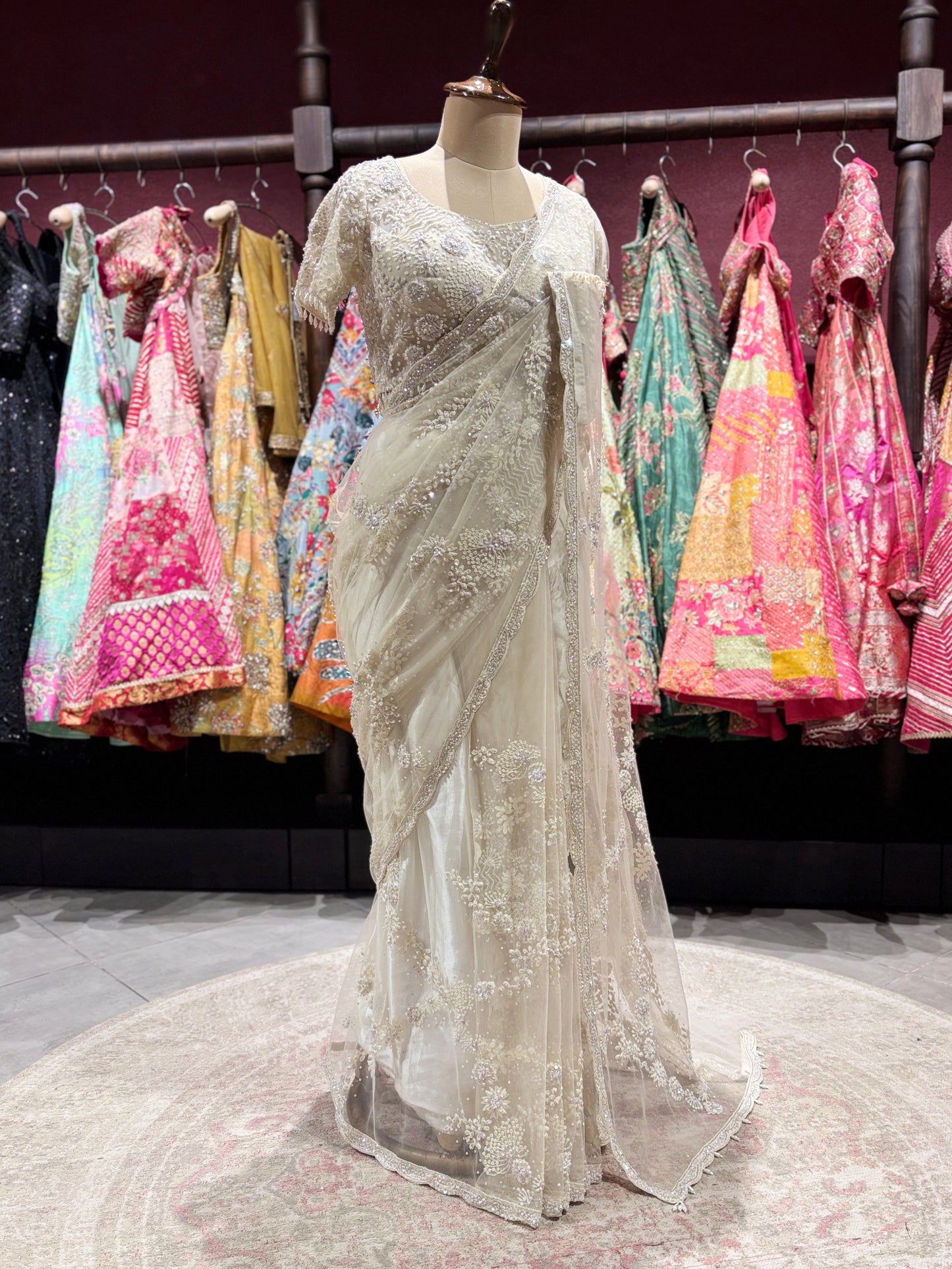 Sequins & Thread Work Embroidered Net Saree with Designer Blouse