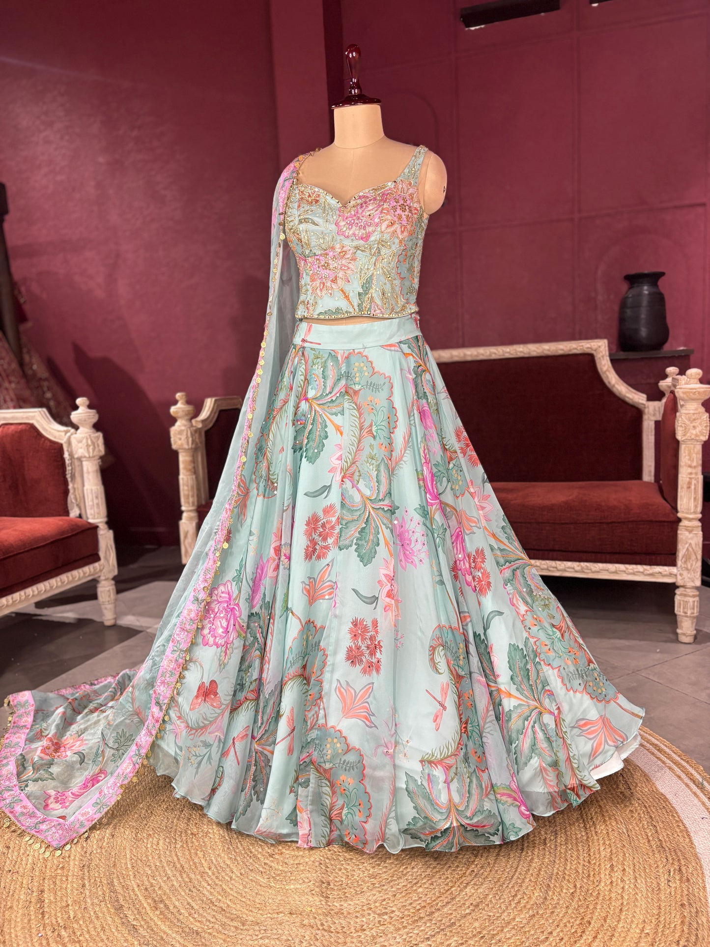 Pastel Aqua Lehenga with Floral Embroidered Blouse