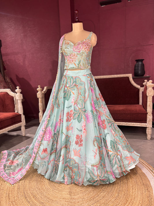 Pastel Aqua Lehenga with Floral Embroidered Blouse