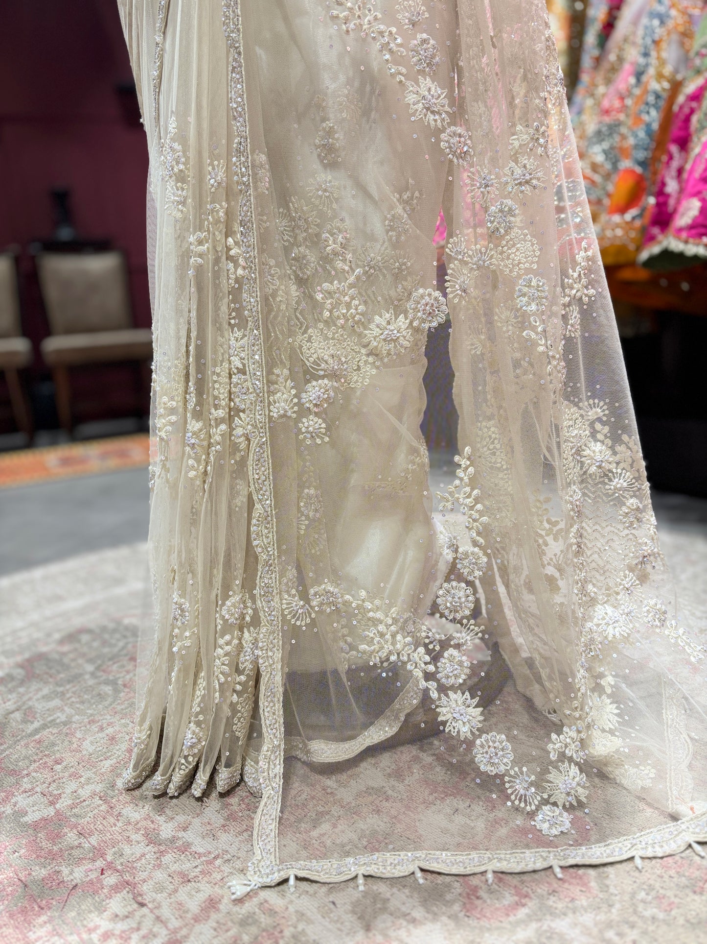 Sequins & Thread Work Embroidered Net Saree with Designer Blouse