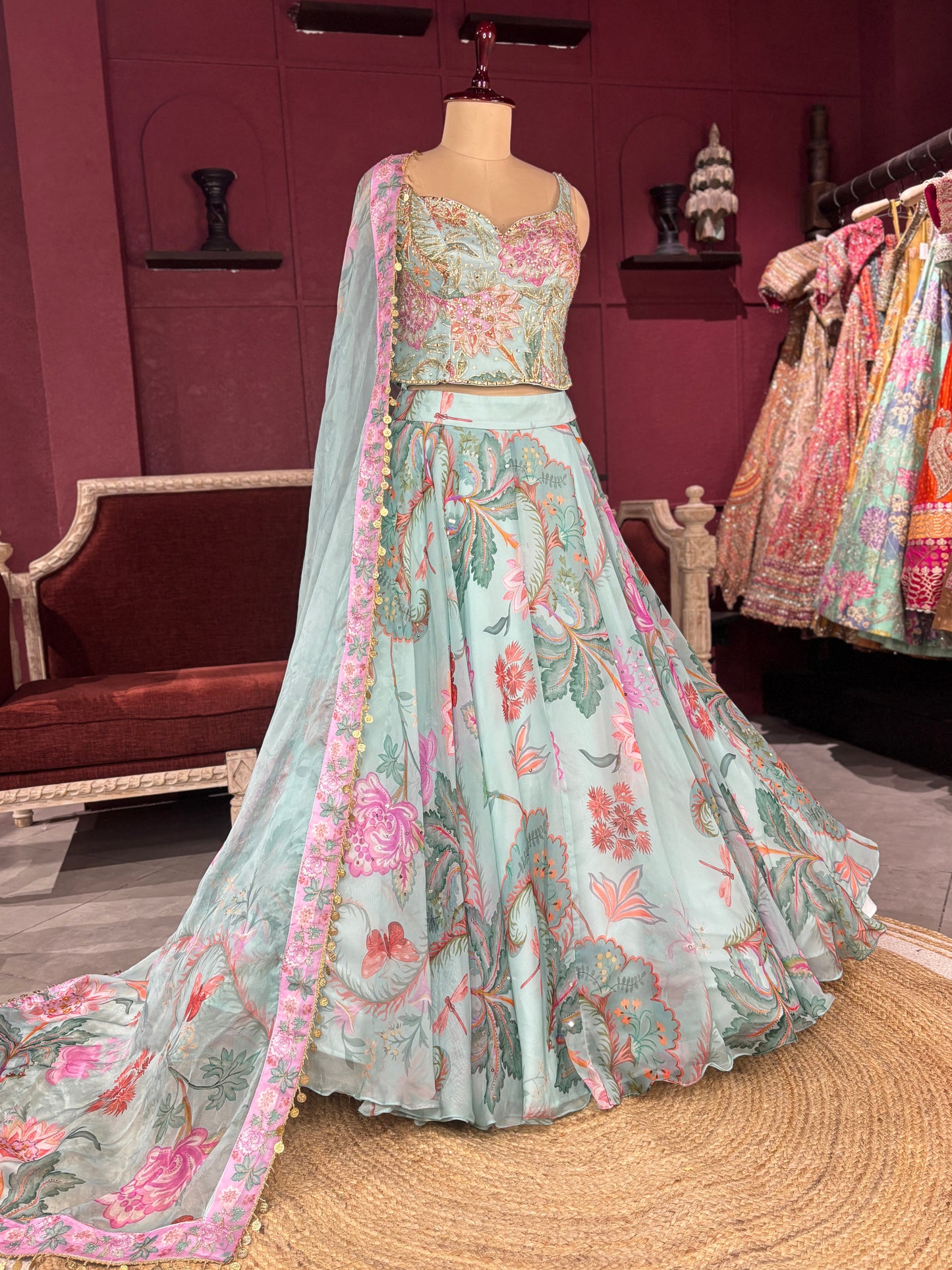 Pastel Aqua Lehenga with Floral Embroidered Blouse