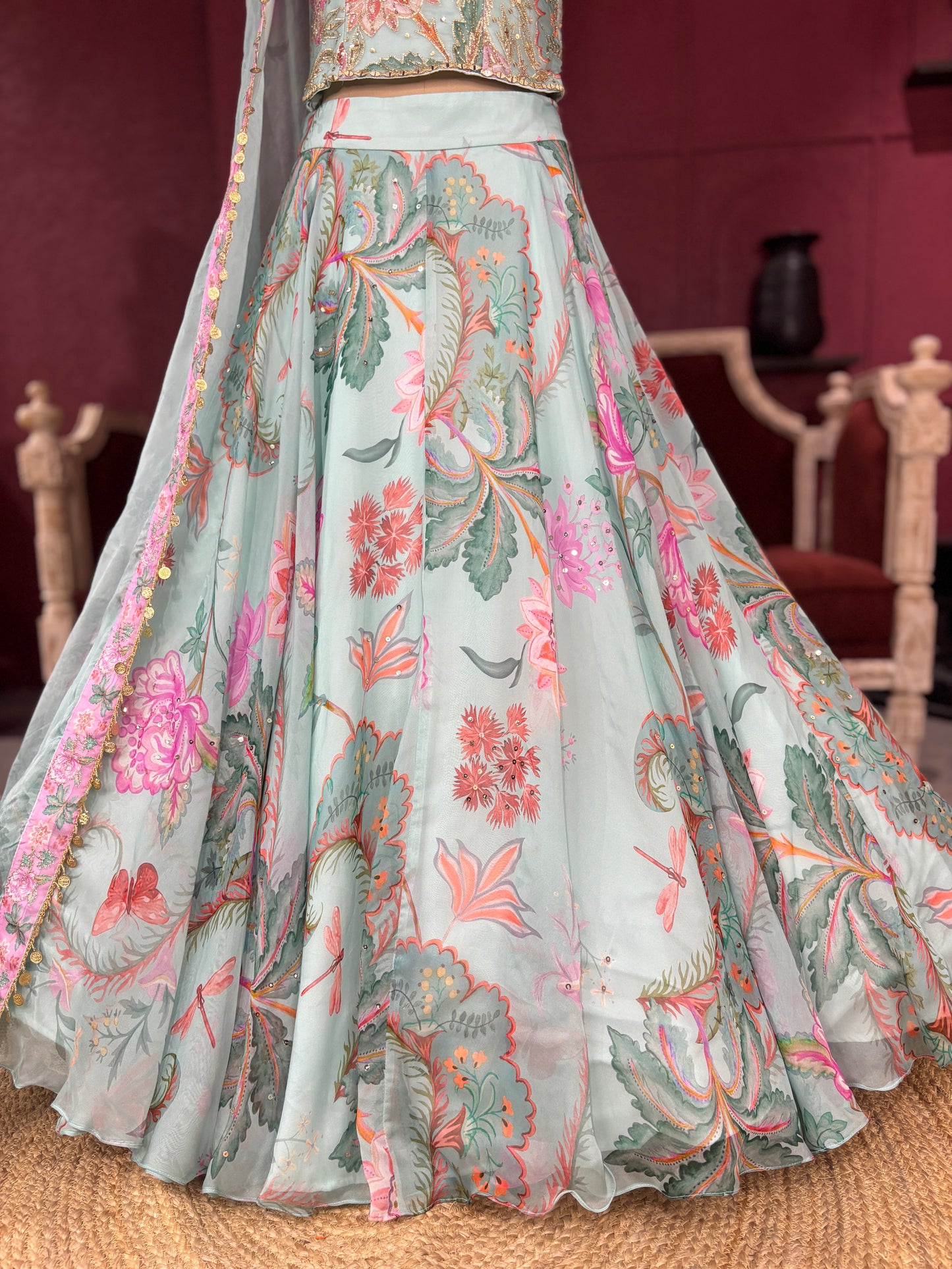 Pastel Aqua Lehenga with Floral Embroidered Blouse