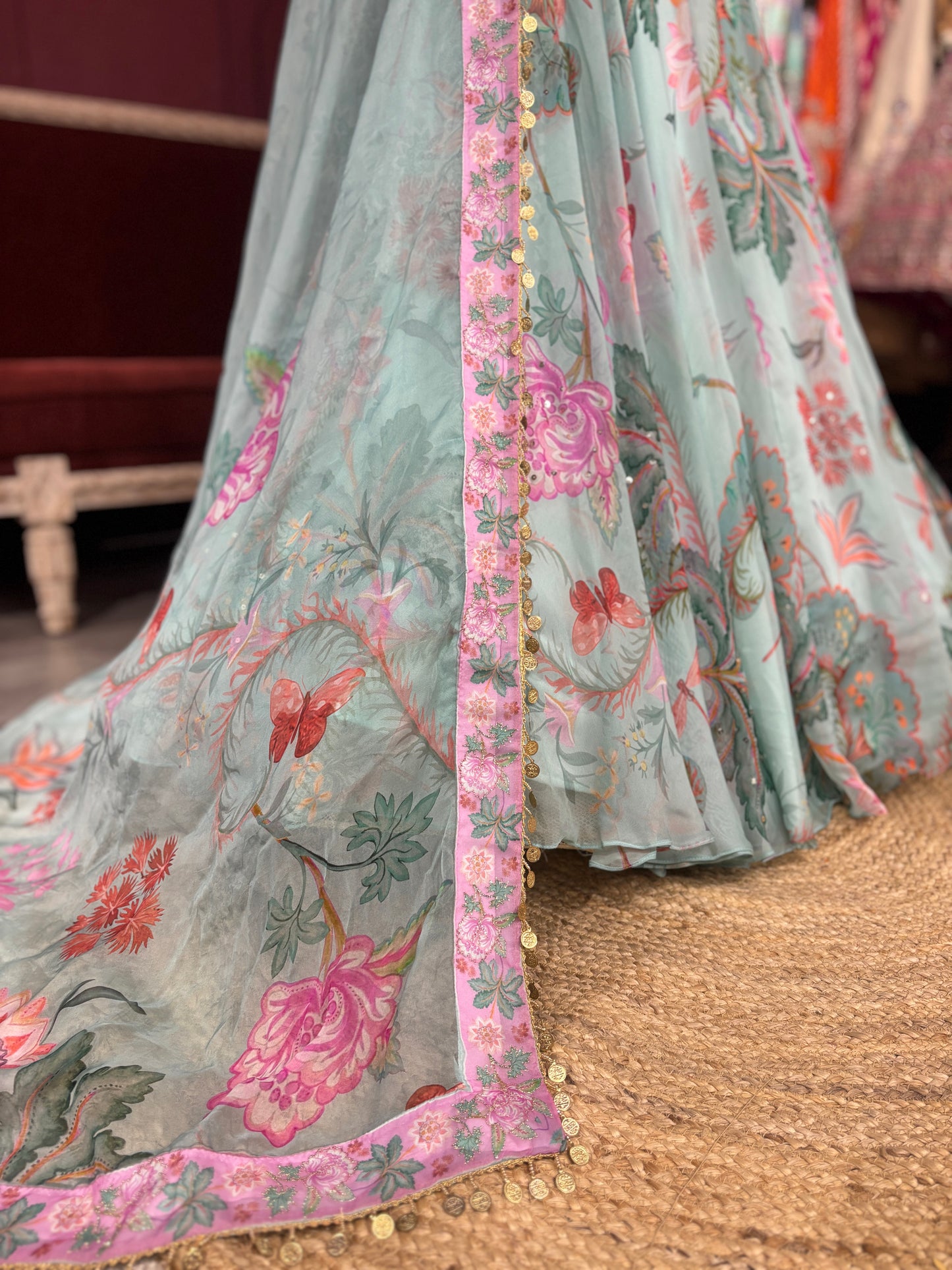 Pastel Aqua Lehenga with Floral Embroidered Blouse